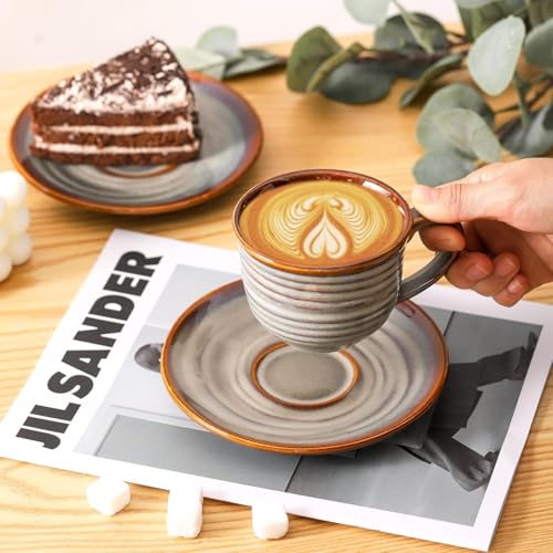 Brown 8oz Ceramic Espresso Cups with Saucers - Set of 4 for Coffee & Tea