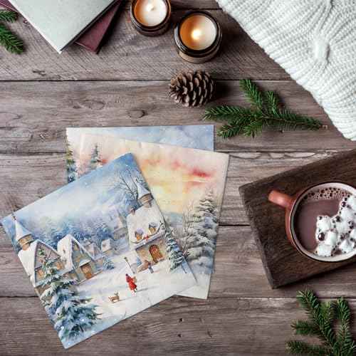 Winter Wonderland Decorations-40pcs Winter Wonderland Napkins Christmas Snow House Paper Napkins, Winter Landscape Villa Snow House Scene Paper Napkins for Xmas Holiday Party Supplies