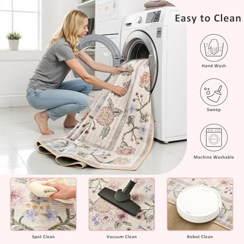 Floral Pink 8x10 Area Rug for Living Room & Bedroom Non-Slip Carpet with Rubber Backing
