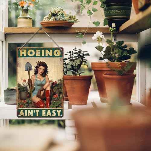 PEACHGARDEN Hoeing Ain't Easy Garden Sign Metal Garden Signs for Outside Yard Art Funny Outdoor Wall Decor Gardening Gifts for Women 8x12 Inch