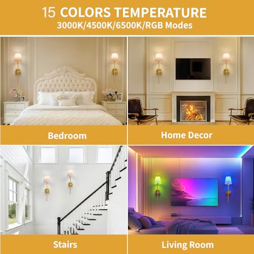 Wireless Battery Operated Wall Sconces Set of 2 - Gold, Dimmable RGB, Remote Control