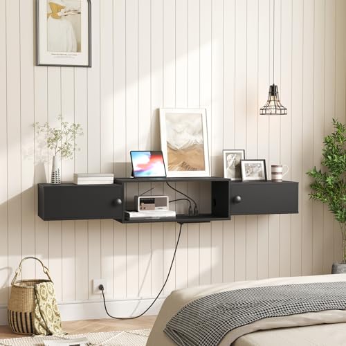 HOOBRO 55-Inch Black Floating TV Stand with Power Outlets Wall Mount Modern Media Console