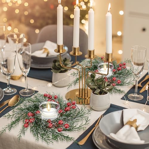 Serlvan 10 Pcs Christmas Candle Rings Wreath with Red Berries & Snowy Pine - Holiday Decor