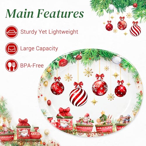 LIKAJON Christmas Ball Paper Plates - 50 Pcs Oval Holiday Disposable Dinnerware