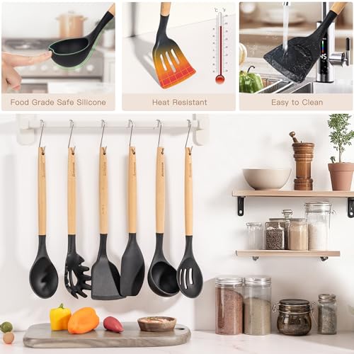 Black 39-Piece Silicone Kitchen Utensil Set with Wooden Handles, Heat-Resistant & BPA-Free
