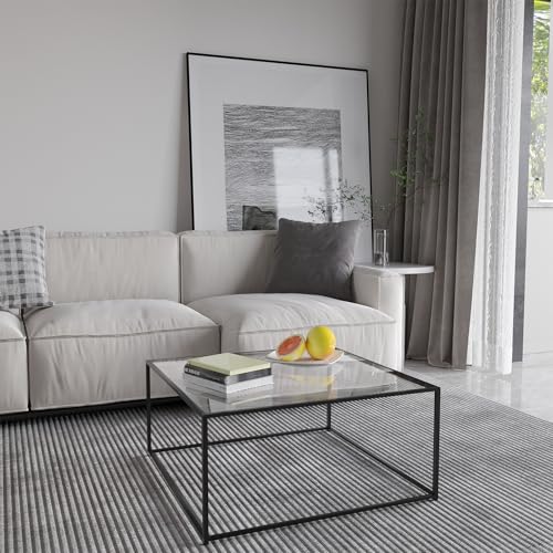 Black Glass Coffee Table Modern Center Table with Metal Frame - Easy Assembly