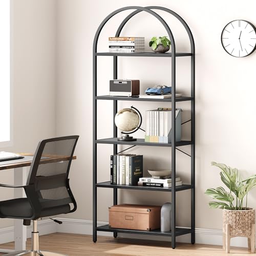 IDEALHOUSE Black 5-Tier Arched Bookshelf - Modern Tall Metal & Wood Bookcase