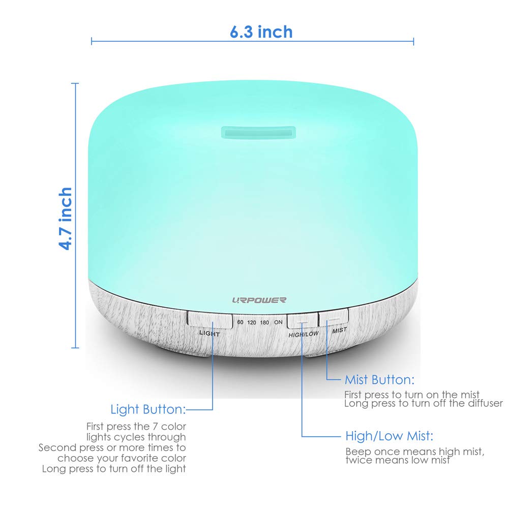 URPOWER 500ml Essential Oil Diffuser, Aromatherapy Diffusers for Essential Oils with Adjustable Mist Mode/4 Timer Settings Large Room Cool Mist Humidifier Air Diffuser for Home Office Study Yoga Spa