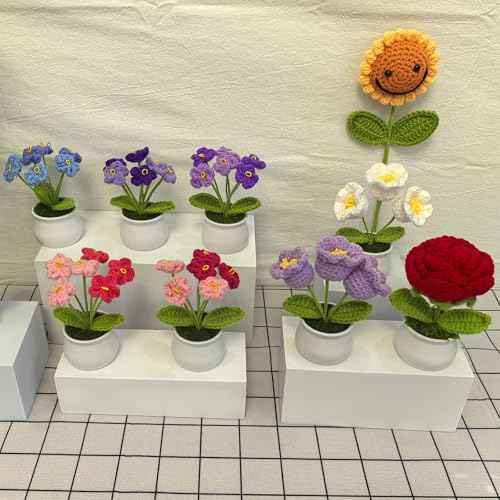 Crochet Flowers Bouquet Knitted Flowers for Home Office Desk Decorations, Christmas Stocking Stuffers Birthday Gifts for Women Teacher Coworkers Mom Sister Friends, Purple