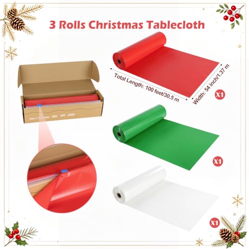 Christmas Plastic Tablecloth Roll 100FT x 54IN - White Red Green with Cutter Box