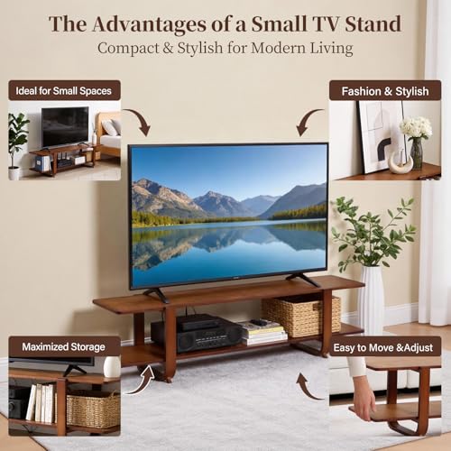 Walnut TV Stand for 55-Inch TVs - Modern Media Console with Open Shelves