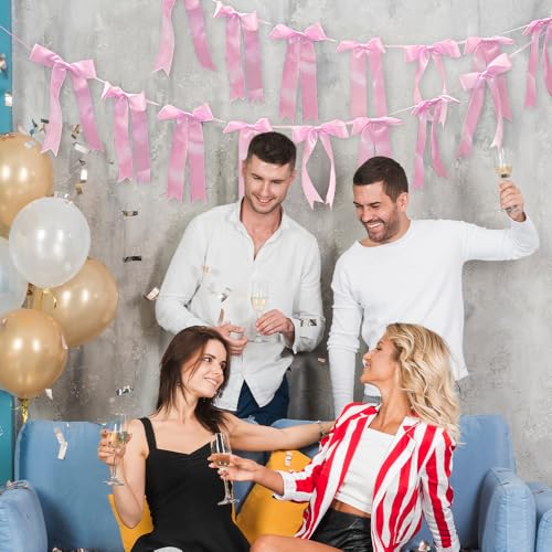 2 Strings Wedding Hanging Bow Pink Garland Bows Baby Shower Hanging Bows Pink Coquette Birthday Craft Bows Banner for Bridal Shower, Engagement, Wedding Decorations