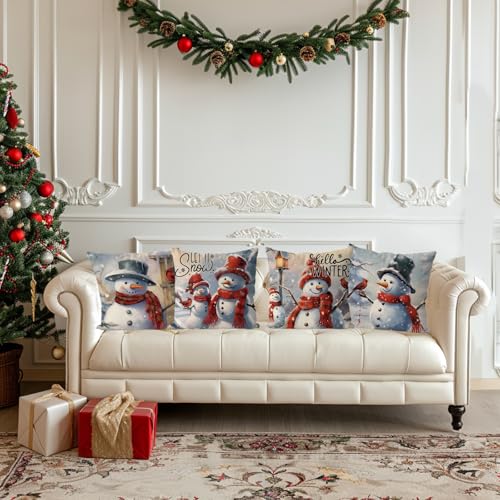 Christmas Pillow Covers 18x18 Inch Set of 4 Snowman Case Vintage Xmas