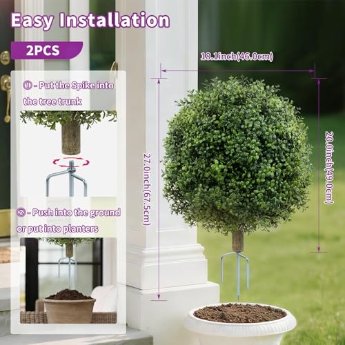 Griine Set of 2 Artificial Boxwood Topiary Ball Trees - 27 Inch Faux Bush with Metal Ground Spike, UV Resistant Outdoor Decor
