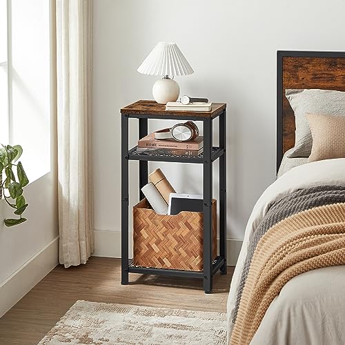 VASAGLE 3-Tier Side Table with Mesh Shelves and Rustic Finish