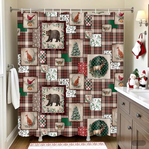 Wathon Christmas Plaid Shower Curtain with Woodland Lodge Cabin Design, 70x70 inches
