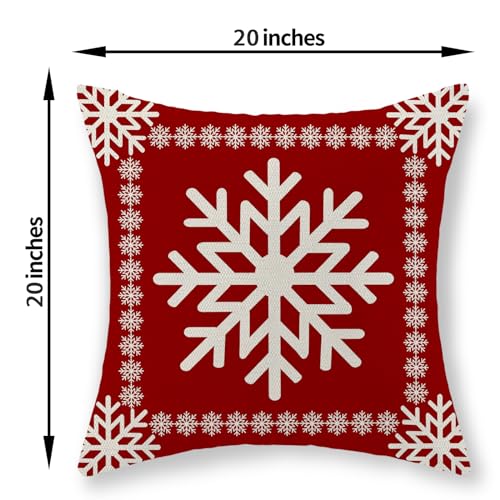 Christmas Pillow Covers - 20x20 Set of 2 Winter Snowflake Pillowcases - Red Throw Pillows - Farmhouse Holiday Linen Decorations - Outdoor Cushion Covers for Sofa Couch Home