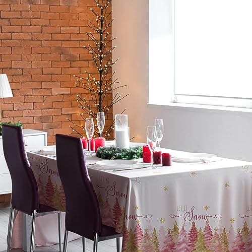Peryiter Christmas Tree Tablecloth 60x84 Inch, Washable Polyester, Rustic Pink Christmas Pattern