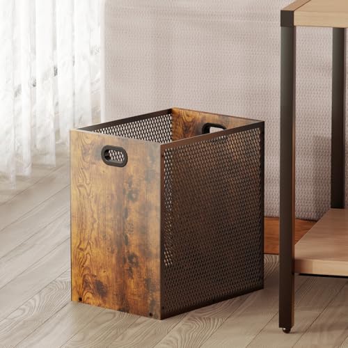 Large 2-Pack Retro Industrial Trash Cans - Iron & Wood Wastebaskets with Handles