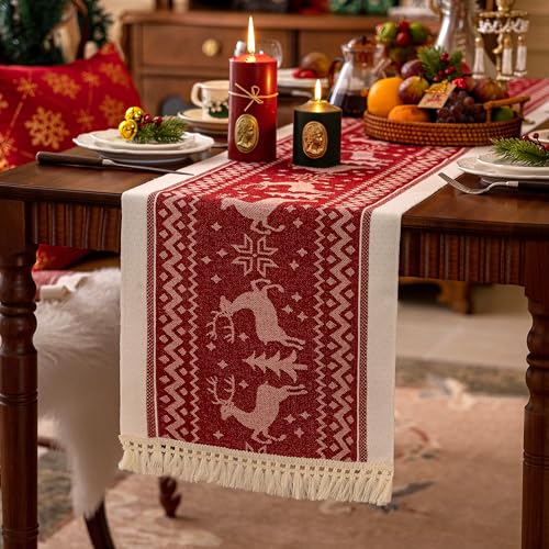 UWWGKK Red 14x119 Inch Elk Christmas Table Runner with Tassel Fringe