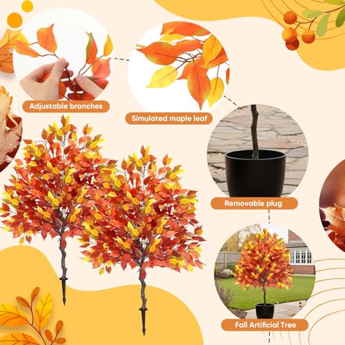 2 Pack 4ft Faux Fall Trees with Spikes - Outdoor Autumn Topiary Decor