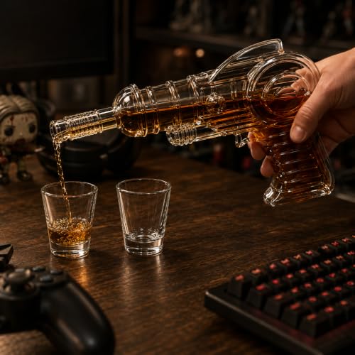 KAAS HAUS Whiskey Decanter Set with Wood Stand & 2 Shot Glasses, Retro Sci-Fi Space Pistol Design, 250mL Gift for Men