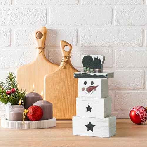 Smile 3 Pcs Winter Christmas Indoor Decoration, Wooden Sign Tabletop Retro Decor, Snowman Blocks, Ornaments for Home Shelf Mantel Fireplace.