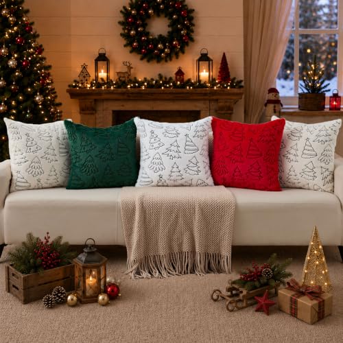 KUYZT Christmas Pillow Covers 18x18 Pack of 2 Lovely Tree Plush Decor Beige