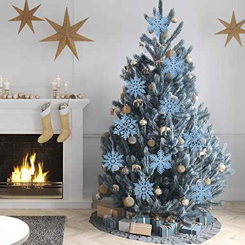 36 Pcs Blue Glitter Christmas Snowflake Ornaments, 4 Inch Plastic Hanging Decorating Snow Flakes Xmas Tree Snowflake Decorations for Christmas Decors (3 Styles)