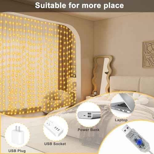 echosari Curtain Lights, 300 LED Fairy Curtain Lights with Remote Timer, USB Powered Copper Curtain String Lights 9.8Ft x 9.8Ft for Bedroom Window Christmas Wedding Decor (Warm White)