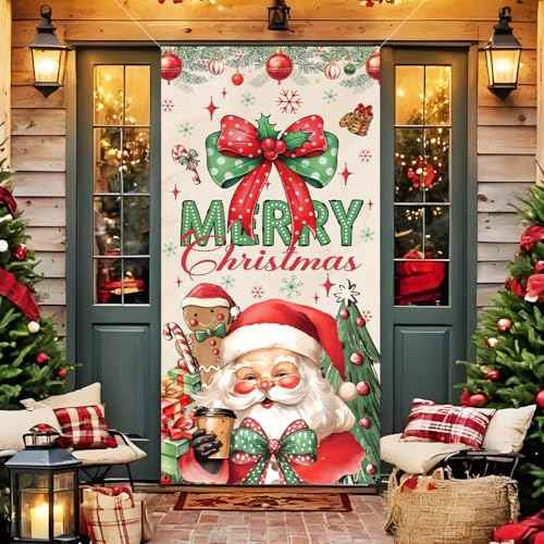Christmas Door Cover,Santa Claus and Bow Door Cover Red Gingerbread Man Christmas Decorations,Merry Xmas Porch Banner Background,Hanging Banner for Xmas Holiday Eve New Years Party