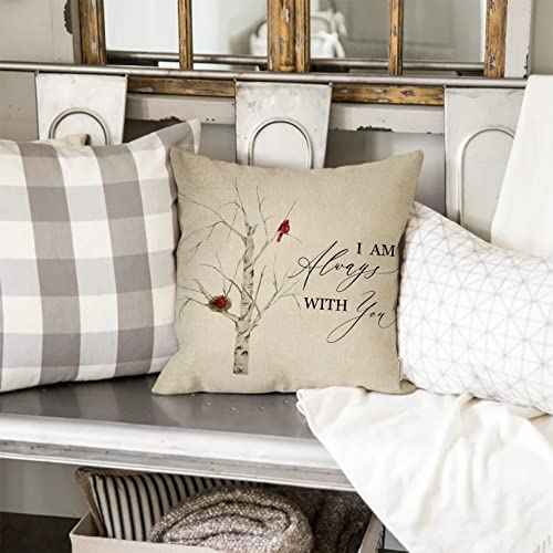 I am Always with You Home Decorative Throw Pillow Cover Winter Cardinal Sign Cushion Case, Christmas Red Bird Home Decorations Cotton Linen Outside Square Pillowcase Xmas Holiday Decor 18 x 18
