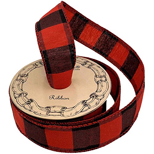 Red Black Buffalo Check Ribbon - 1 1/2" x 10 Yards, Wired Edge, Checkered, Wreath, Presents, Gift Bow, Garland, Swag, Bows, Gift Basket, Fall, Christmas Plaid Ribbon, Valentine's Day