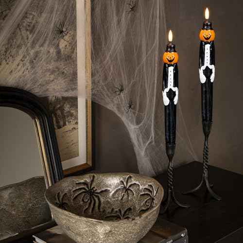 Halloween Flameless Taper Candles, Black and Pumpkin LED Flameless Candlesticks with 6H Timer, 2 Pack Halloween Pumpkin Candelabra with 3D Flame for Fall Home Decor(0.78¡± x 11.6¡±)