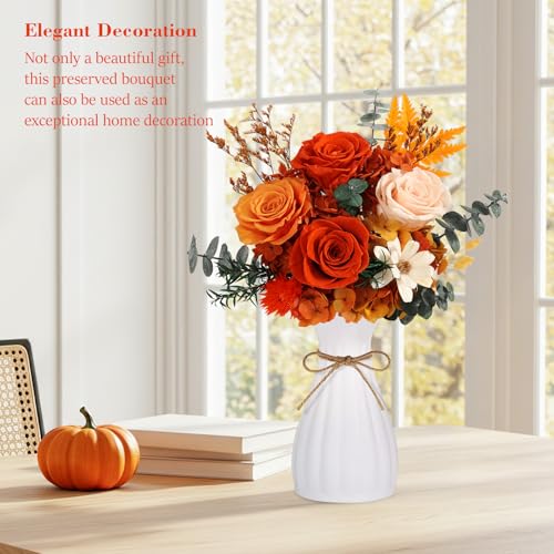 Preserved Orange Roses Bouquet - Long-Lasting Real Flower Arrangement with Vase