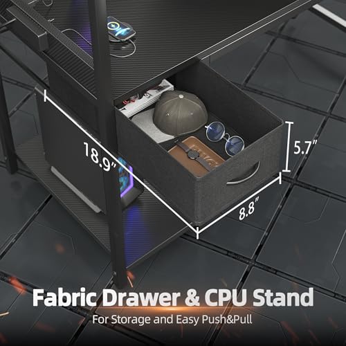 40 Inch Gaming Desk with Power Outlet & LED Light - Reversible Shelves, Carbon Fiber Surface, Black