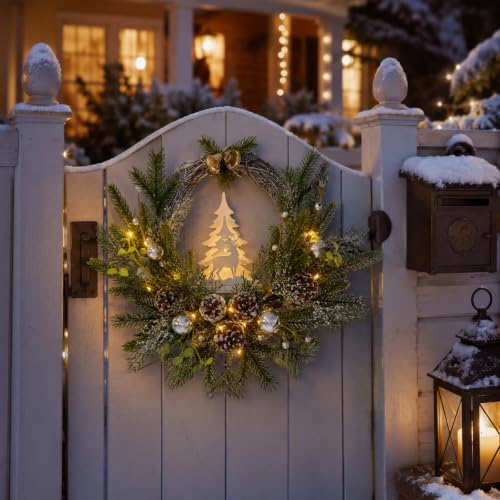 Svndlyn 18-Inch Indoor Outdoor Christmas Wreath with Silver Ornaments & Timer