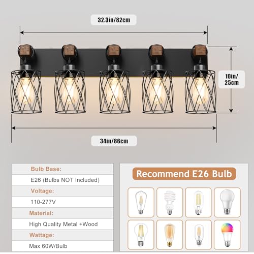 Black Farmhouse Bathroom Vanity Light - 5-Light Wood & Metal Fixture, Over Mirror