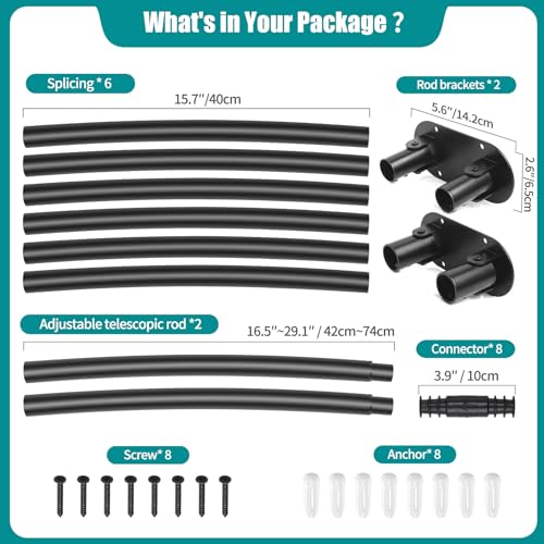 Anndason 42-72 Inch Black Double Curved Wall-Mounted Shower Curtain Rod - Adjustable Bathroom Space Saver