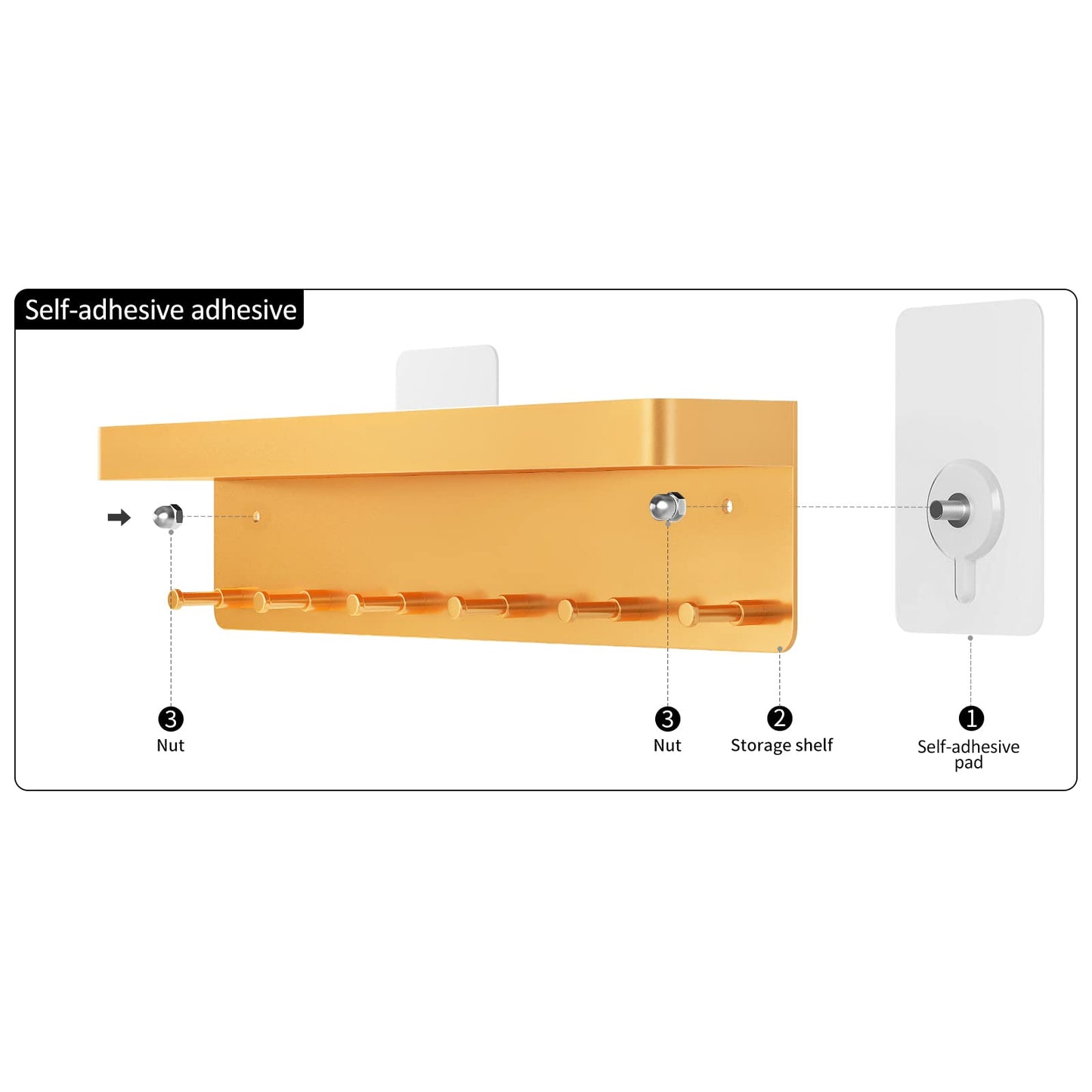 MKO Key Holder for Wall, Mail Organizer and Key Rack with Tray for Hallway, 6 Key Hooks Wall Mount Adhesive(Gold)