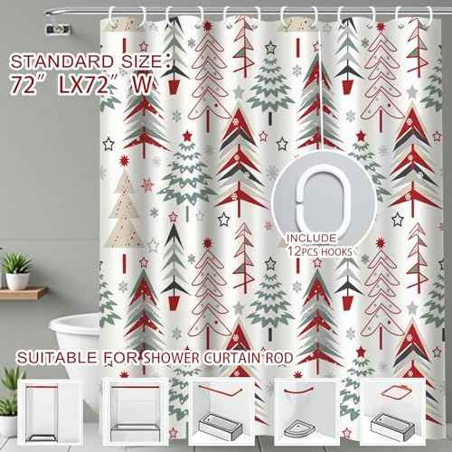 Christmas Shower Curtain 72x72 Inches Decorations Winter Xmas Bath Curtains Decor for Home Bathroom with 12 Hooks