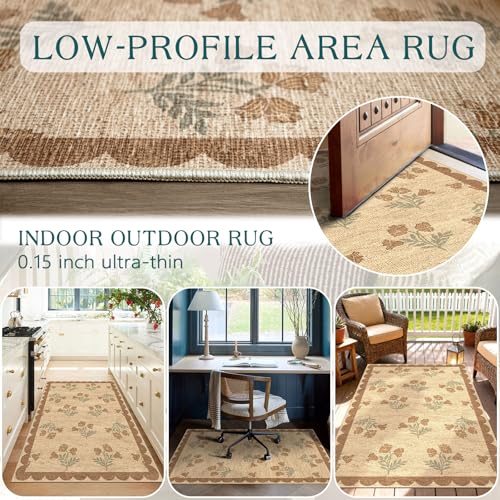 Othilic Floral Entry Rug - 3x5 Washable Indoor Outdoor Doormat with Scalloped Edges - Wheat/Tan/Sage, Boho Style