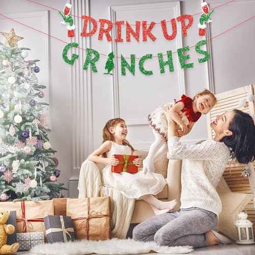 Christmas Decorations Drink Up Party Banners Indoor, Glittery Christmas Decor Banner, Red Green Banner for Home Fireplace Decor