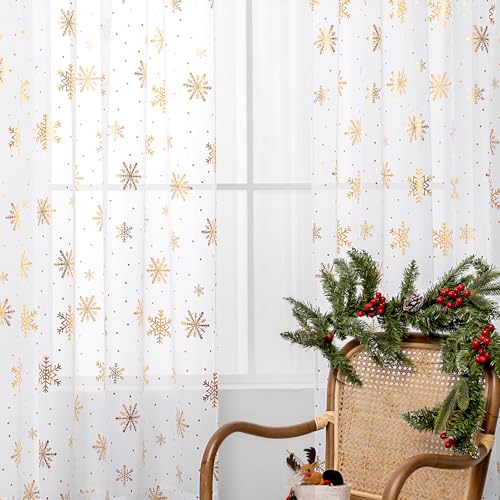 Karseteli 52W x 84L Snowflake Gold Foil Christmas Sheer Curtains, 2 Panels White