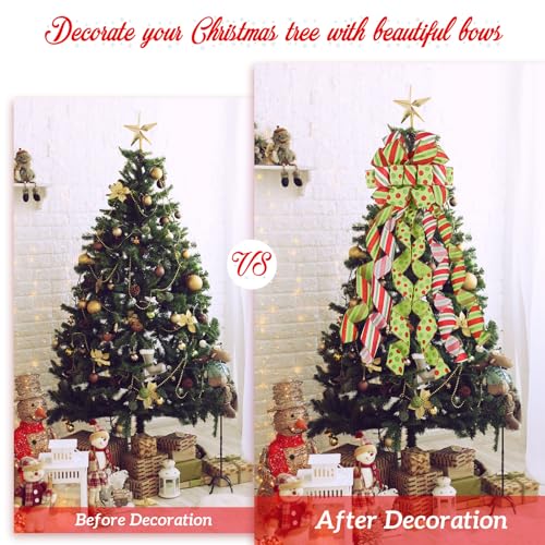 HOHOTIME Christmas Tree Topper Bow Large Green Bow Tree Topper, Polyester with Red and Green Dots and Stripes for Xmas Home Wedding Thanksgiving Indoor Outdoor Decoration 52 "x13.7