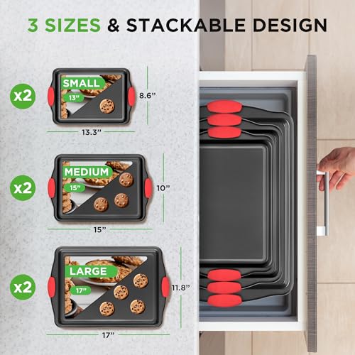 NutriChef 3-Piece Nonstick Kitchen Oven Baking Pans - Premium & Stylish Non-Stick Steel, Commercial Grade Restaurant Quality Metal Bakeware with Red Silicone Handles - Easy to Clean, NCSBS3S