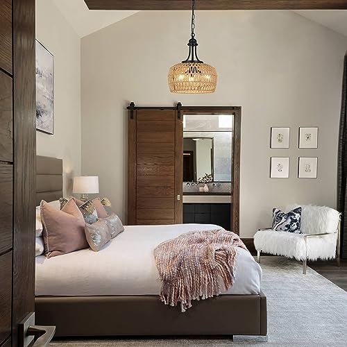 Brown 3-Light Farmhouse Rattan Chandelier for Dining, Kitchen & Bedroom