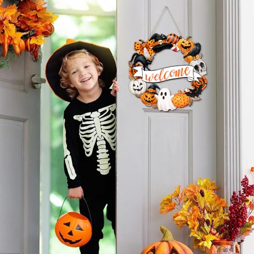 Halloween Decorations Hanging Door Sign Happy Halloween Wooden Door Sign spooky Ghost Bat Black Cat Pumpkin Skull Rustic Welcome Wreath for Tree, Door, Wall, Party Supplies