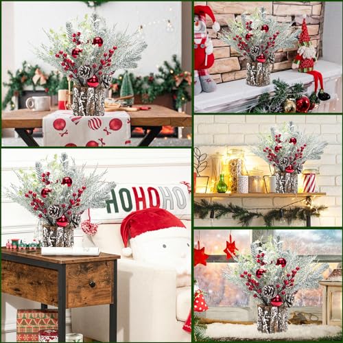 Red 14 Inch Christmas Table Centerpiece Small Potted Tree with Lights, Pine Cones & Berries