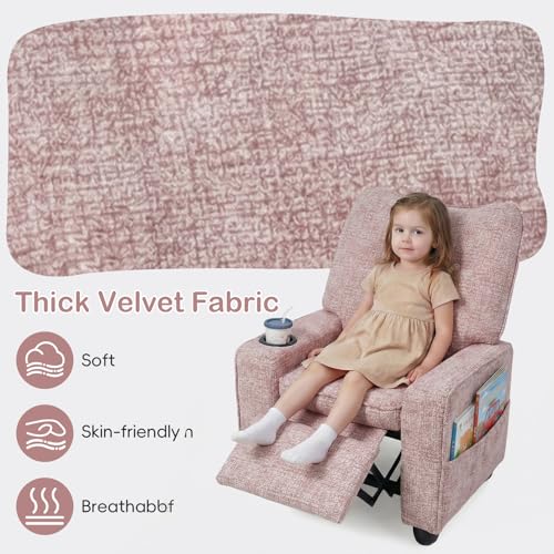 Pink Velvet Kids Recliner with Adjustable Backrest & Footrest, Cup Holder & Side Pockets